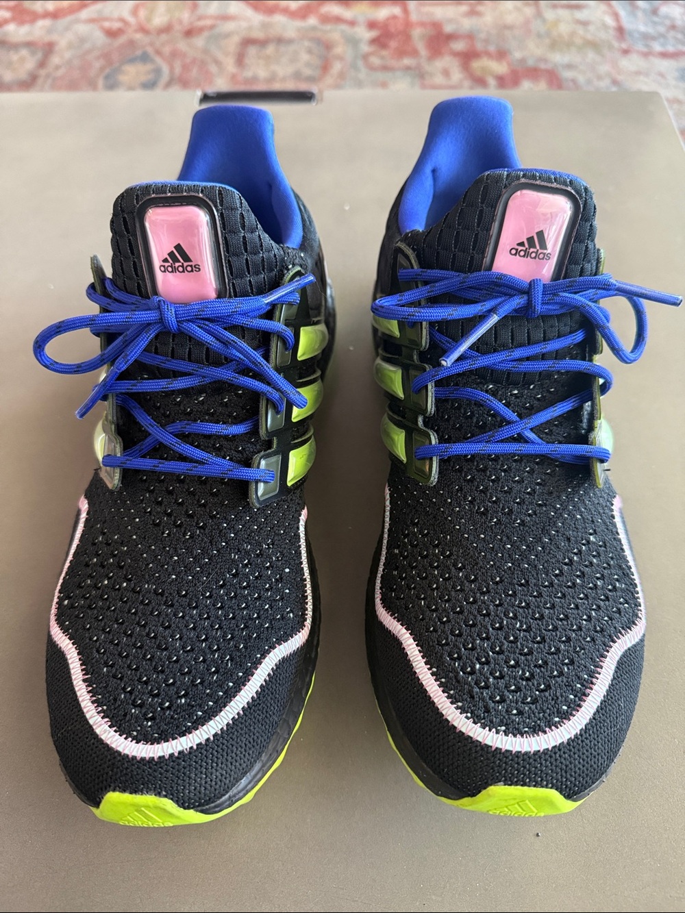 Adidas Ultraboost Sneakers black, Blue Laces, Pink Tongue & Neon Green Accents